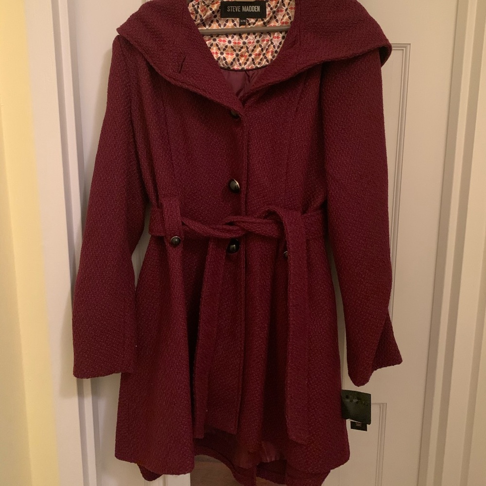 Steve Madden Womens Wool Belted Coat With Hood
